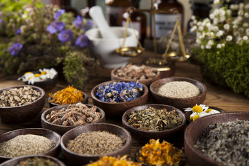 Healing herbs on wooden table, mortar and herbal medicine