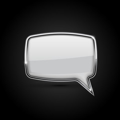Speech bubble. White icon with metal frame on black background