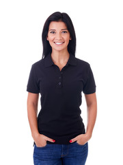 Happy woman in black polo shirt on a white background
