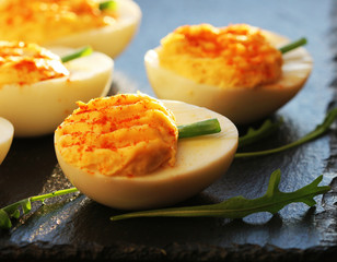 deviled eggs with red pepper