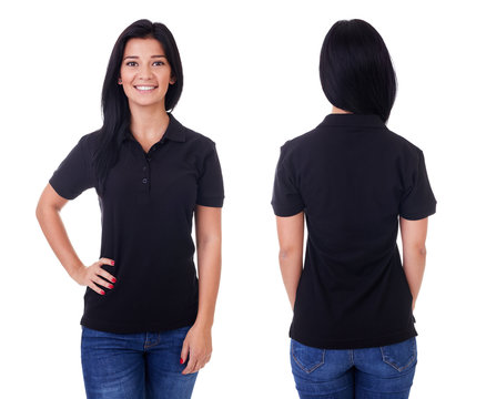 Young woman in black polo shirt on white background