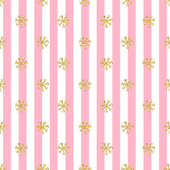 SEAMLESS GOLD SNOWFLAKE GLITTER ON PINK STRIPE BACKGROUND