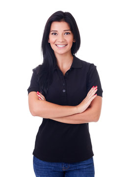 Happy woman with crossed arms on a white background