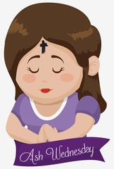 Girl Praying with Cross in her Forehead on Ash Wednesday, Vector Illustration