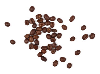 pile coffee beans isolated on white background and texture, top view