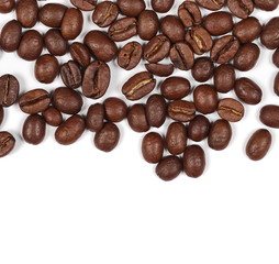 pile coffee beans isolated on white background and texture, top view