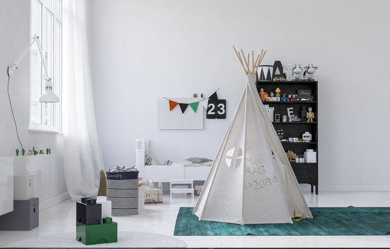 Small white wigwam or tepee in a kids nursery