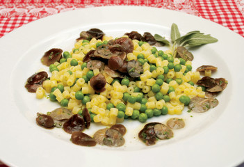 Collybia esculenta mushrooms with pasta and peas
