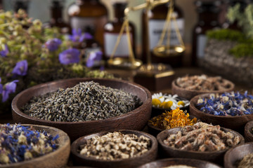Herbs, berries and flowers with mortar, on wooden table background