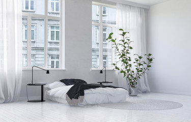 Modern monochromatic white bedroom interior