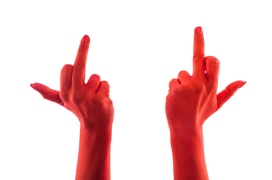 Red hands on a white background. Fuck