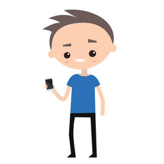 Young millennial holding a smart phone / flat editable vector illustration, clip art