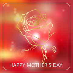 Happy Mother's Day celebration concept with golden rose on a red bokeh background. Vector illustration for cards, banners, web.