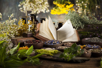 Herbal medicine and book on wooden table background