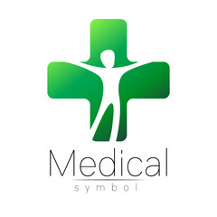 Fototapeta premium Vector medical sign with cross, human inside. Symbol for doctors, website, visit card, icon. Green color. Medicine modern concept design. Health and care.