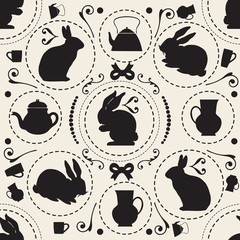 seamless monochrome vintage pattern background with rabbit and teapot , wonderland theme