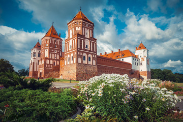 Fototapeta na wymiar Belorussian tourist landmark attraction Mir Castle at summer season.