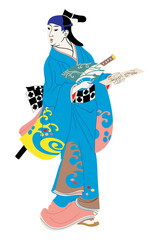 Geisha Japanese woman in national kimono with a sword of the Samurai.