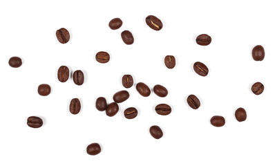 pile coffee beans isolated on white background and texture, top view
