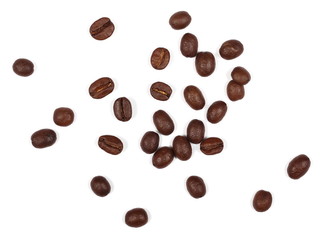 pile coffee beans isolated on white background and texture, top view