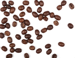 pile coffee beans isolated on white background and texture, top view