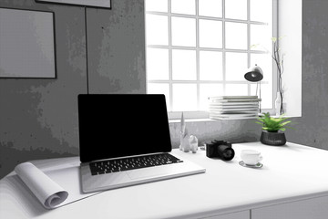 3D Rendering : illustration of modern Creative designer office desk with PC computer.close up pc laptops mock up working place. Mock up. light from outside. filtered image to comic halftone