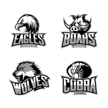 Furious cobra, wolf, eagle and boar sport vector logo concept set isolated on white background. Premium quality wild animal, bird and snake t-shirt tee print illustration.