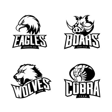 Furious cobra, wolf, eagle and boar sport vector logo concept set isolated on white background.  Premium quality wild animal, bird and snake t-shirt tee print illustration.