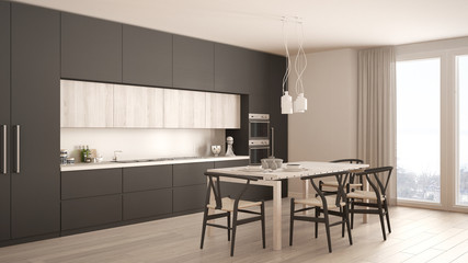 Modern minimal gray kitchen with wooden floor, classic interior design