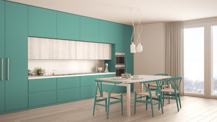 Modern minimal turquoise kitchen with wooden floor, classic interior design