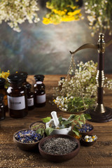 Assorted natural medical herbs and mortar on wooden table background