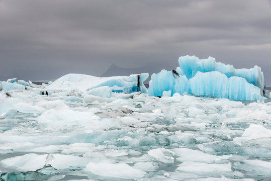 Big blue icebergs in glacier lagoon, Vatnajokull, Iceland