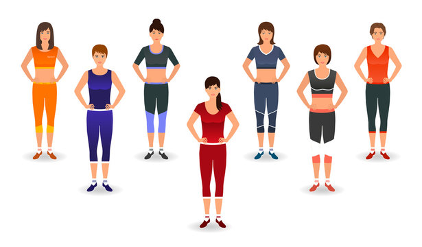 Fitness people in sports wear. Group of women doing pilates exercises. Sport characters. Healthy lifestyle concept.