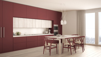 Modern minimal red kitchen with wooden floor, classic interior design