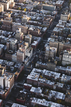 High angle view of residential buildings and city street