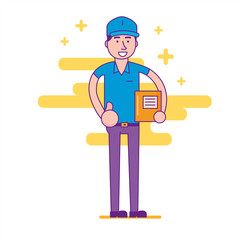 Logistics company courier or delivery man in standing and showing thumb up. Postman or post office worker delivering mailboxes. Vector flat cartoon illustration.