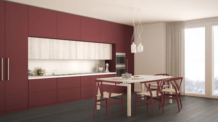 Modern minimal red kitchen with wooden floor, classic interior design