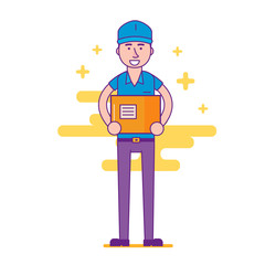 Cheerful logistics company courier or delivery man character holding parcel in hands and smiling. Happy postman or post office worker deliver mailbox. Vector flat cartoon illustration.