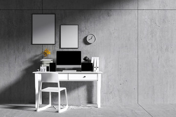 3D Rendering : illustration of interior Creative designer office desk with PC computer. laptops mock up working place of graphic design.light from outside. loft cement wall.