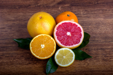 Naklejka na ściany i meble citrus fruit ( lemon, orange, grapefruit and tangerine) with leaves 