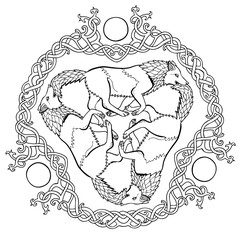 Vector illustration of three wolves viking fantasy Celtic knot triskelion black and white