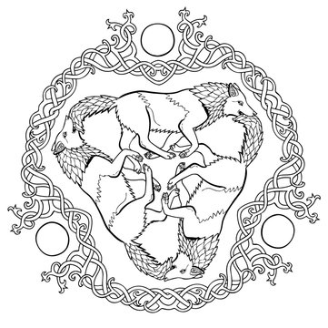 Vector illustration of three wolves viking fantasy Celtic knot triskelion black and white