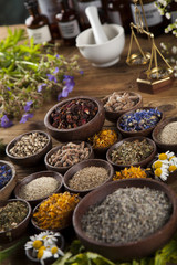 Alternative medicine, dried herbs and mortar on wooden desk background