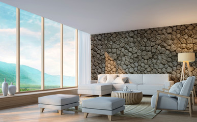 Modern living room with mountain view 3d rendering Image.Decorate wall with nature stone. There are large window overlooking the surrounding nature and mountains