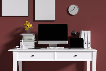 3D Rendering : illustration of interior Creative designer office desk with PC computer. laptops mock up working place of graphic design.light from outside. loft cement wall. clipping path included