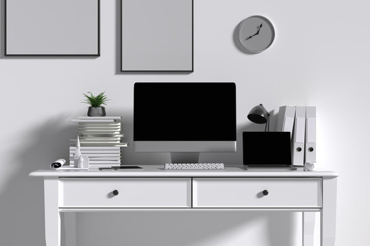 3D Rendering : illustration of interior Creative designer office desk with PC computer. laptops mock up working place of graphic design.light from outside. loft cement wall. clipping path included