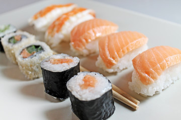 Set of sushi roll close up. Different types of susheson plate.