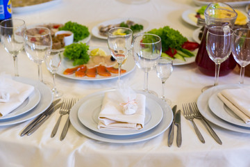 Catering table set service with silverware