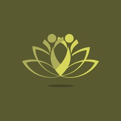 Two people practicing yoga, lotus flower symbol, logo
