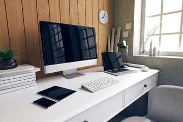 3D Rendering : illustration of interior Creative designer office desk with PC computer. laptops mock up working place of graphic design.light from outside. loft cement wall. clipping path included